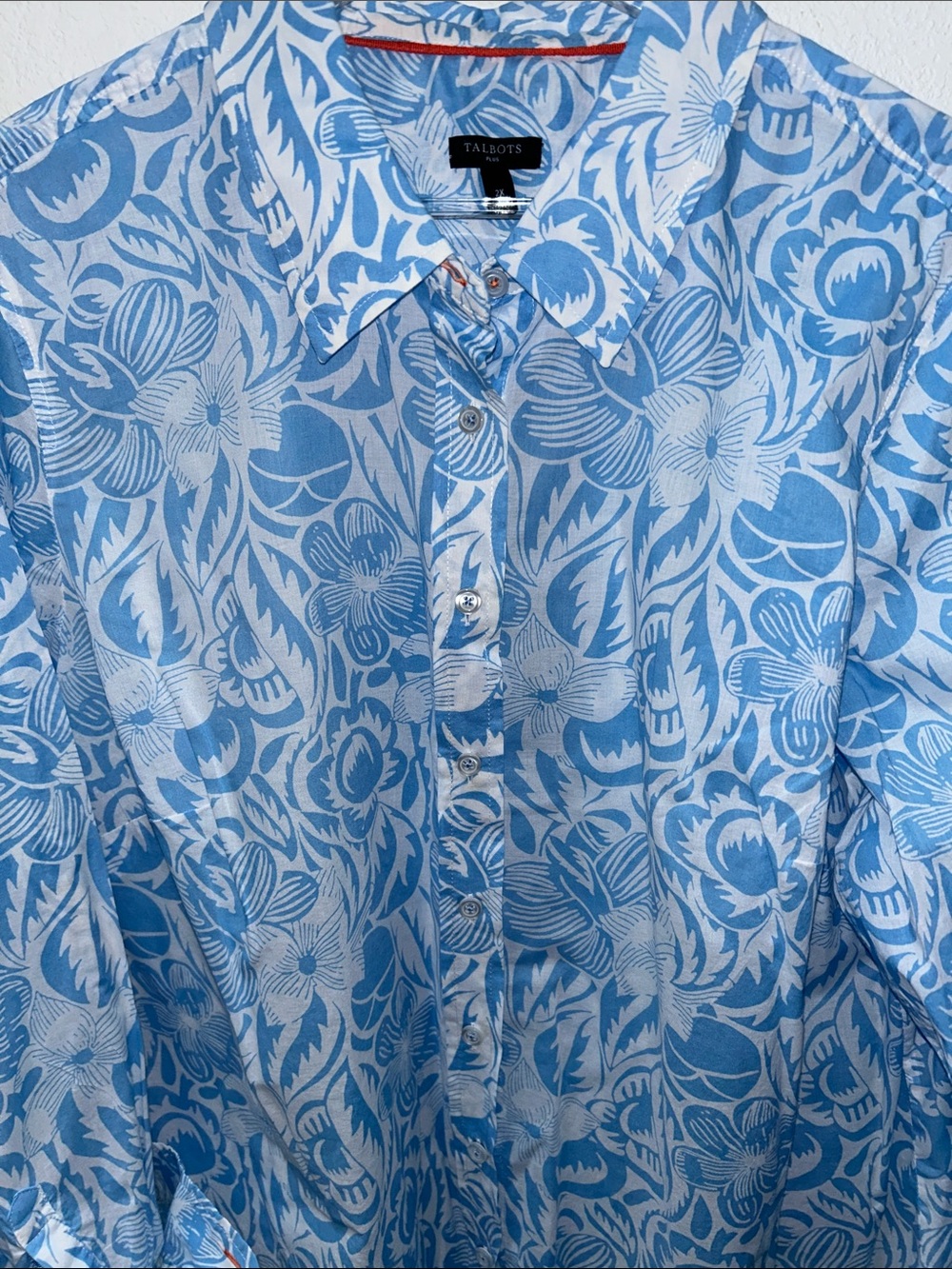 Talbots Plus Sky Blue White Floral Long-Sleeve Button-Down Shirt sz 2X in EUC
